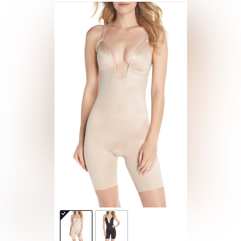 SPANX Suit Your Fancy Plunge Low-Back Mid-Thigh Bodysuit CHAMPAGNE BEIGE, Medium